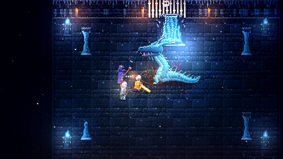 Skalvyr, der Frostwurm, reißt das Maul auf. Vor ihm stehen ein Krieger mit flammender Klinge, ein Magier und eine Waldläuferin mit gespanntem Bogen.